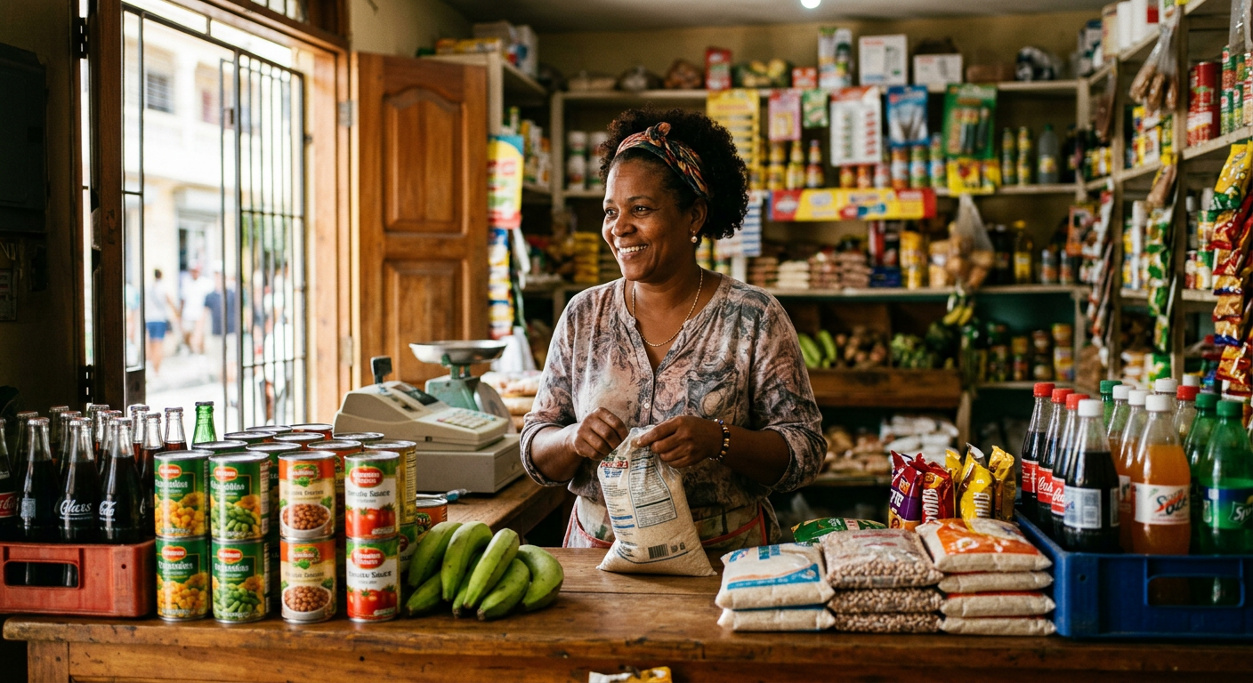 A colmado owner standing behind her counter, stocked with groceries