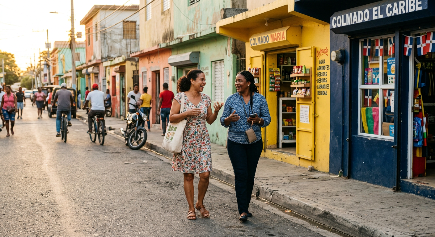 Two Dominican business owners walking and talking on a street lined with colmados
