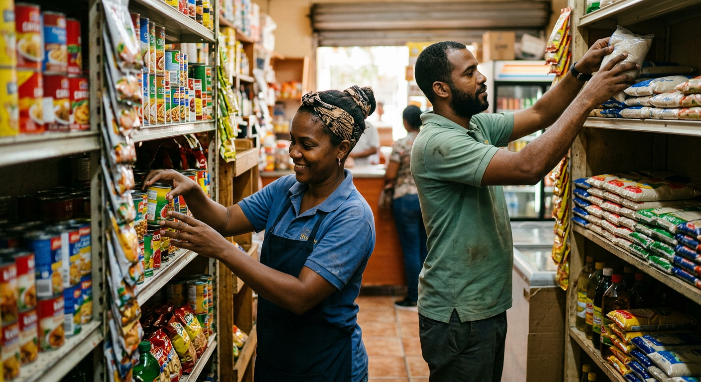 Two colmado employees restocking shelves together